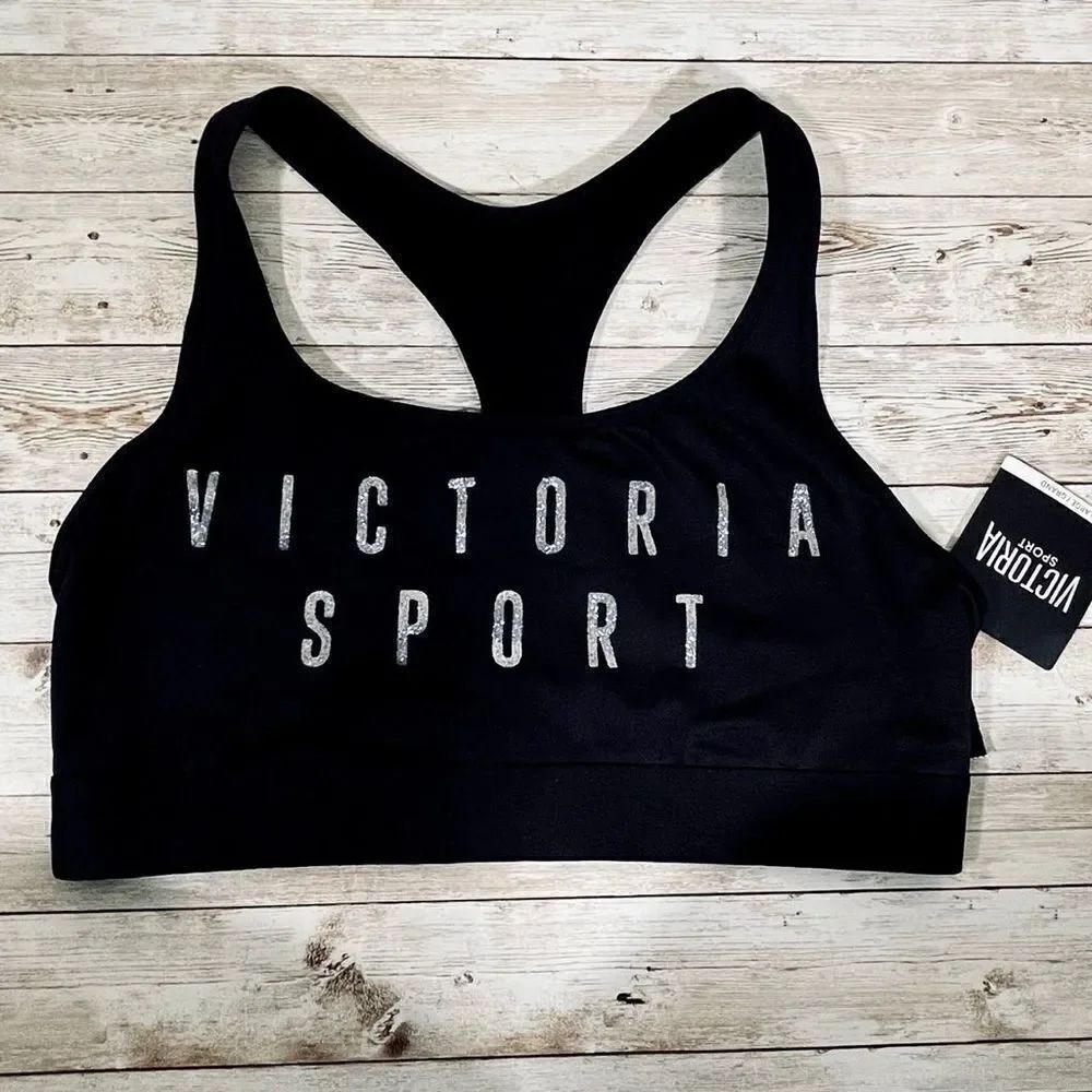 NWT Victoria’s Secret Sport Sz L Black Silver The player Racerback Sports Bra Gr